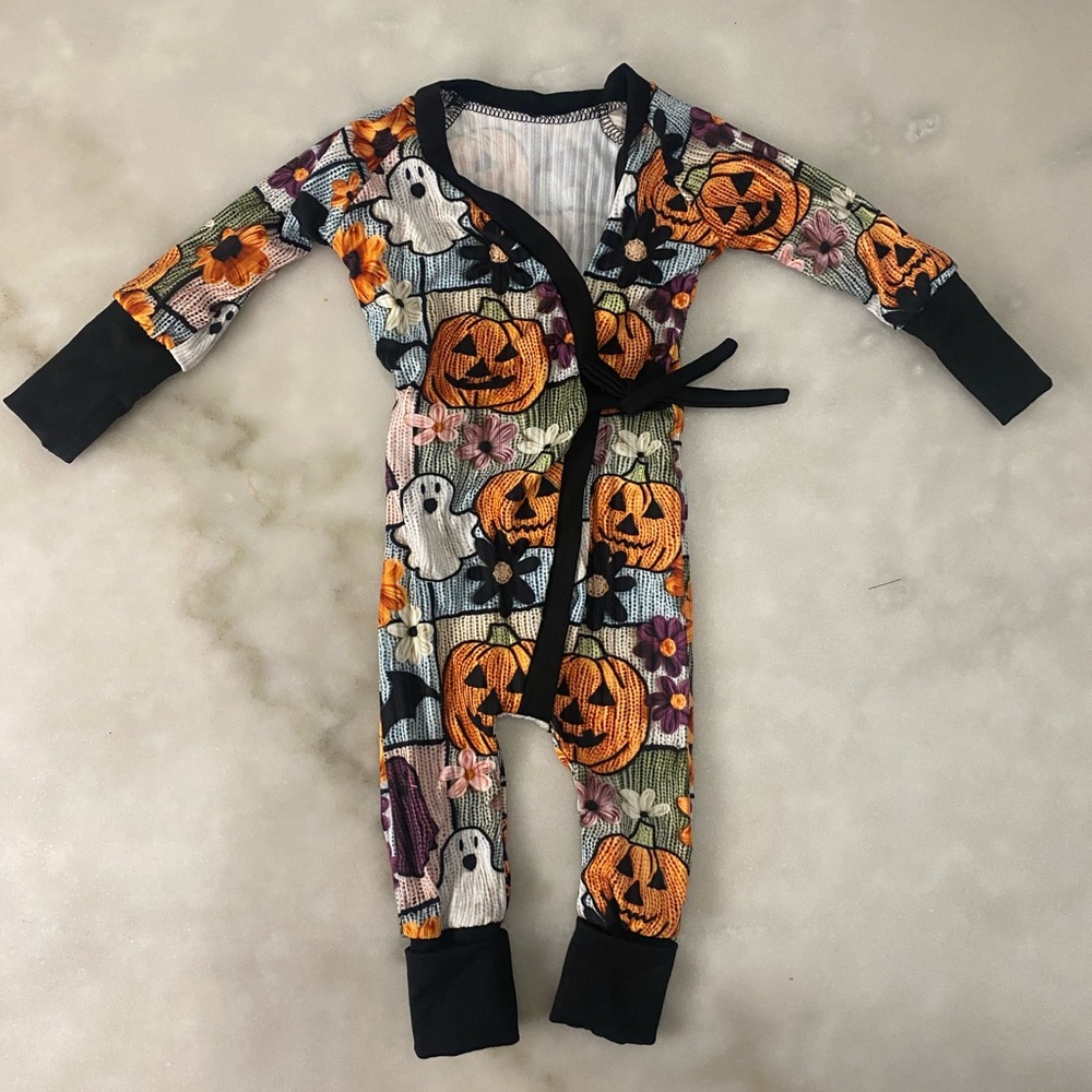 New! GTRS boutique baby Faux Embroidered Pumpkin River Romper size 3-6 month